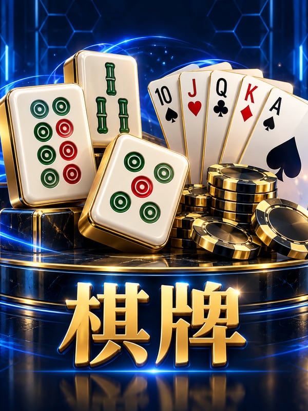 麻將、撲克牌與籌碼堆在金邊平台上,標題寫棋牌