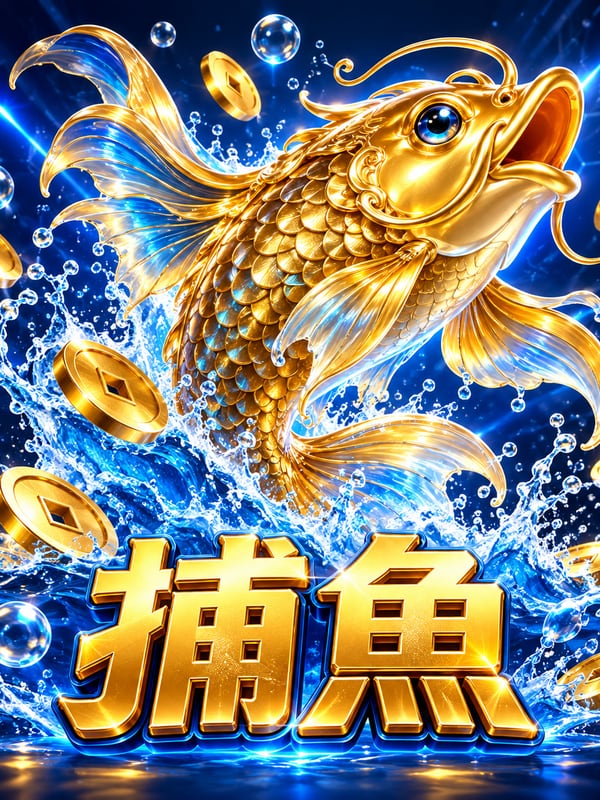 金色鯉魚躍出水面、金幣與水花四濺,標題寫捕魚