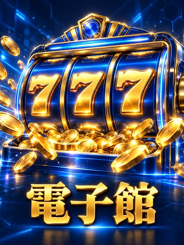 藍金拉霸機三個 7 與金幣噴出,標題寫電子館
