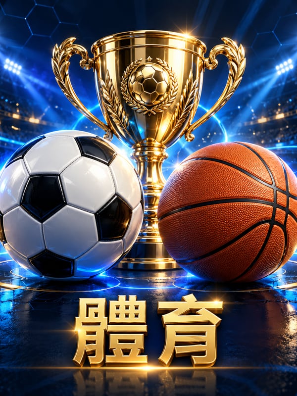 金色獎盃、足球與籃球在藍色光暈裡,標題寫體育