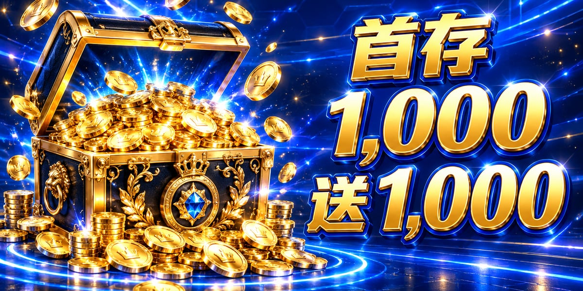 寶箱裡堆滿金幣,旁邊寫首存 1,000 送 1,000